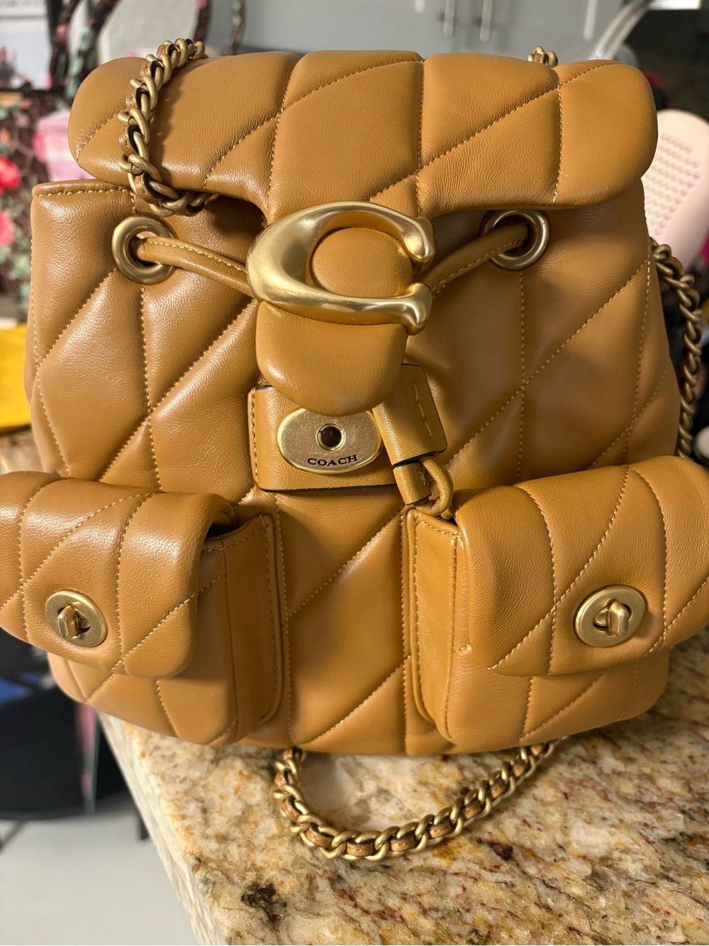 Coach Quilted Shoulder Backpack in Caramel Brown with Gold Hardware